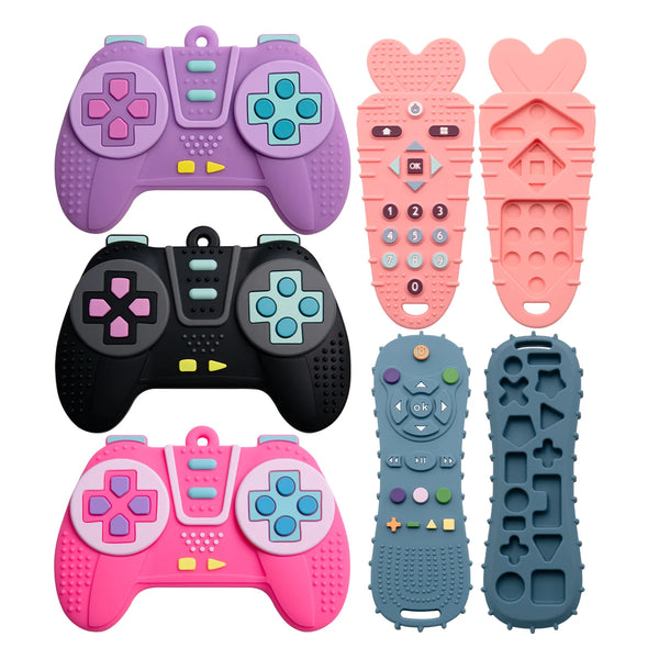 A set of silicone teethers for babies, including a purple, black, and pink gamepad-shaped teether.