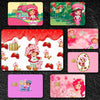 A set of four cute card stickers featuring strawberry and shortcake characters in various pink and green backgrounds.