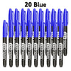 A set of twenty blue permanent fine-tip markers displayed in a row.