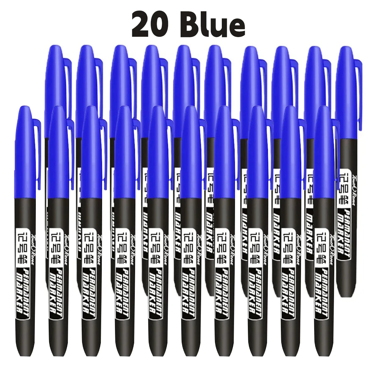 A set of twenty blue permanent fine-tip markers displayed in a row.
