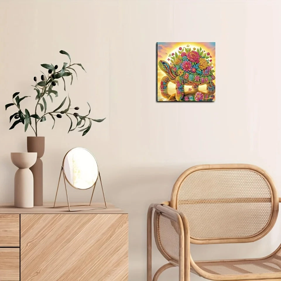 A framed painting of a sea turtle surrounded by colorful flowers on a light wall.