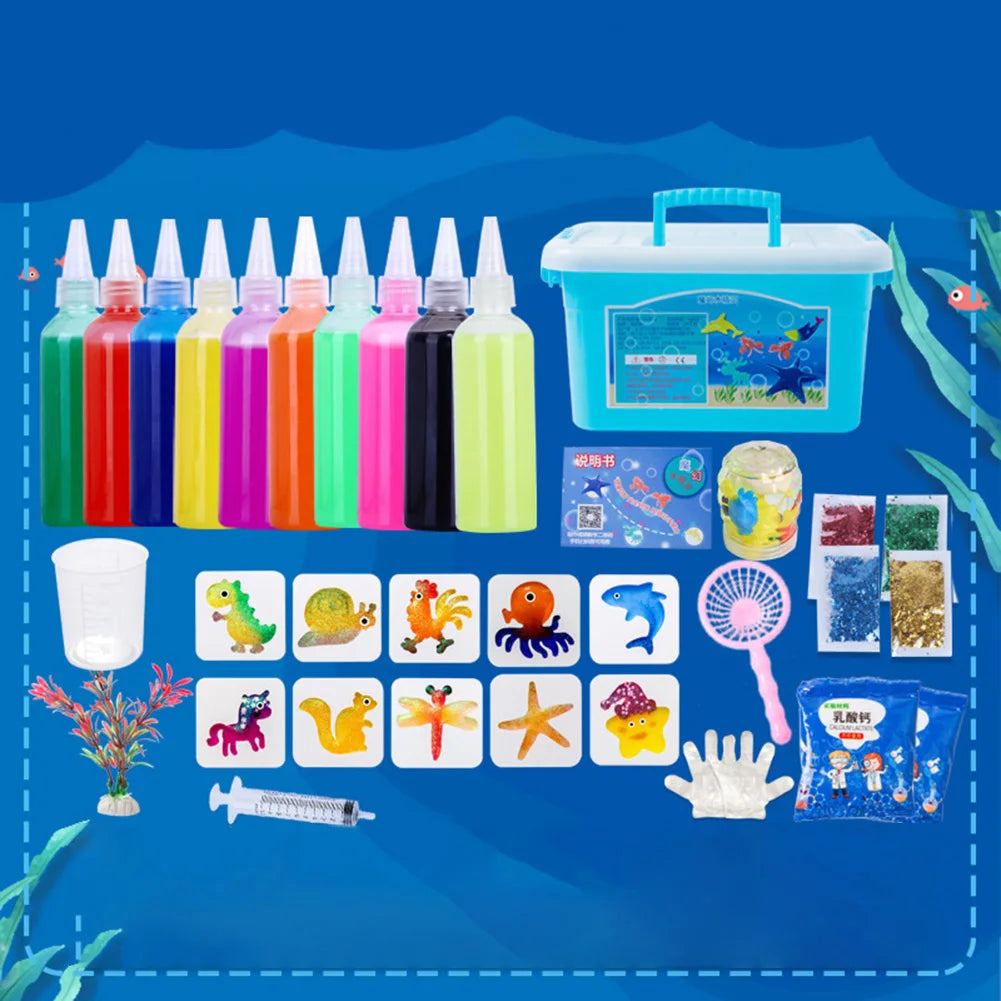 A Magic Water Elf DIY craft kit featuring assorted colored gel molds, tools, and a blue storage container.