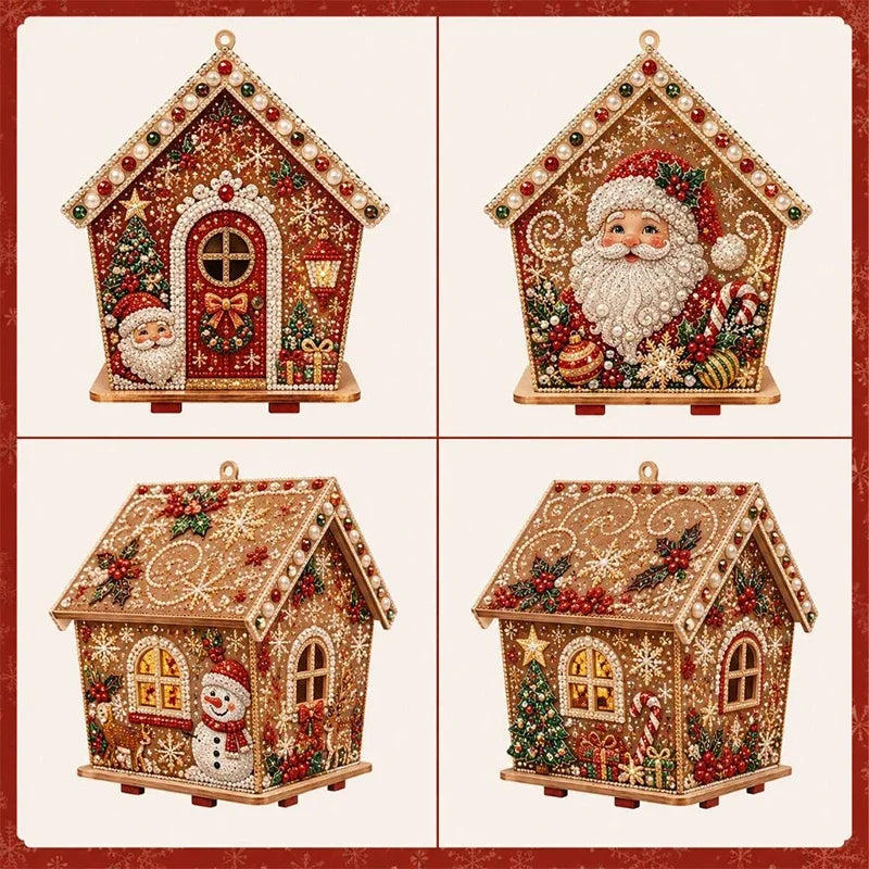 A set of DIY pearl art Christmas cottage ornaments featuring festive holiday scenes and rustic wooden structures.