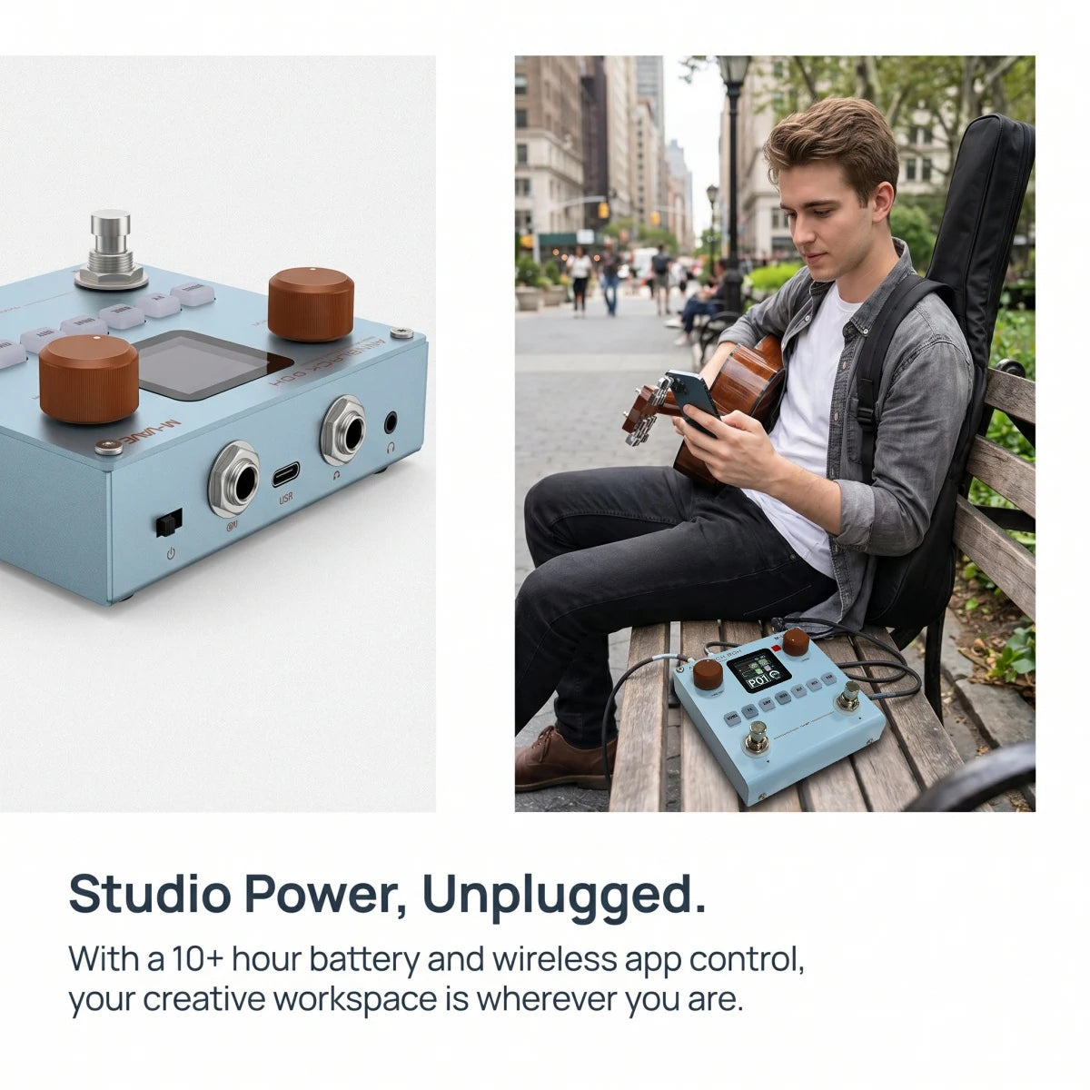 A man is using a portable multi-effects processor and amp modeler on a wooden surface.