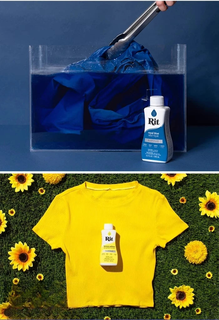 A yellow t-shirt with a bottle of Rit blue fabric dye placed on green moss with sunflowers.