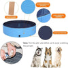 A blue foldable pet bath tub is shown with details about its PVC waterproof material and high-strength crimping.