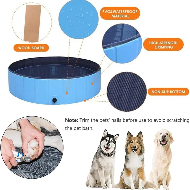 A blue foldable pet bath tub is shown with details about its PVC waterproof material and high-strength crimping.