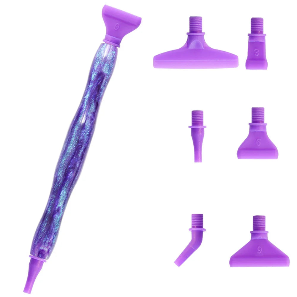 A purple resin diamond painting pen set with interchangeable metal tips and multi-placers.