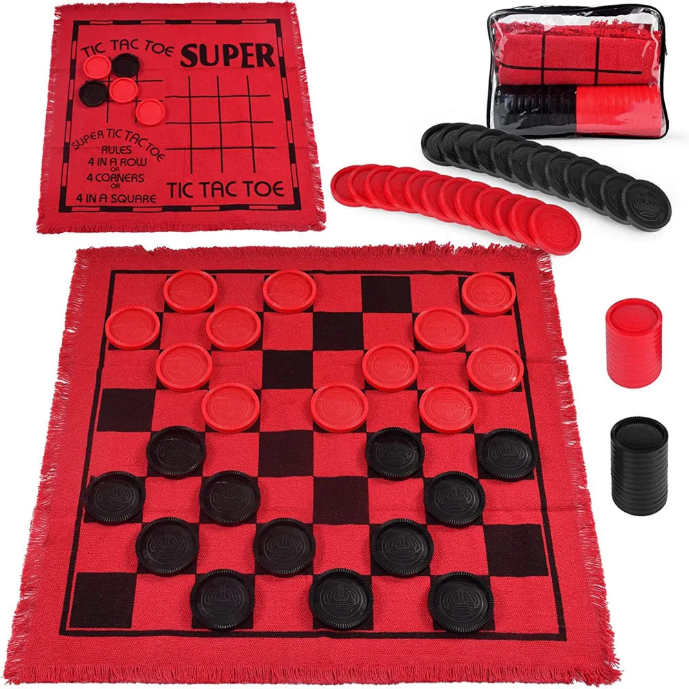 A set of Tic Tac Toe and Checkers game rugs featuring red felt boards and black pieces.