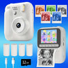 A white instant print camera is shown with several printed photos and a display showing a child.