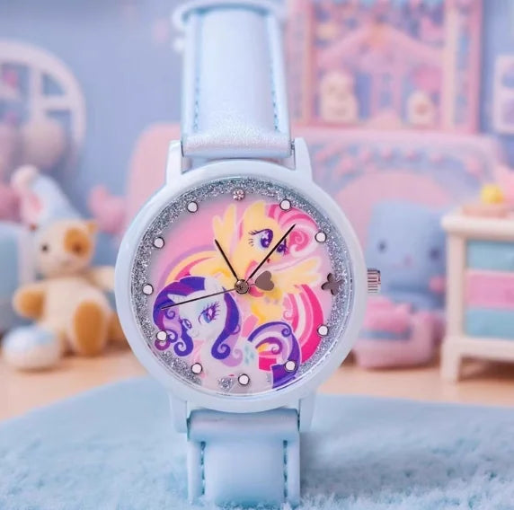A white wrist watch with a pink and purple floral design on the face, set against a soft blue background.
