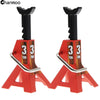 A pair of red metal simulation jack stands with '3 TON' markings for RC crawlers