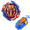 A metal spinning top battle set featuring a red and blue design with a gold emblem and an orange string launcher.