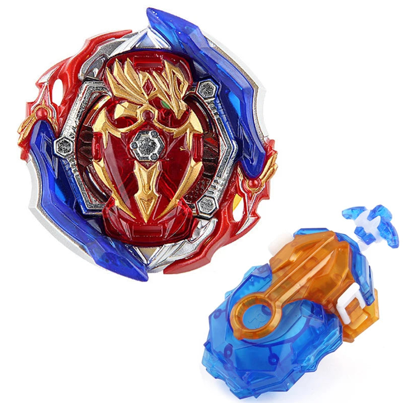 A metal spinning top battle set featuring a red and blue design with a gold emblem and an orange string launcher.