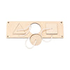 A light wood DIY Montessori busy board featuring a triangle, a circle, and a square with leather-like straps.