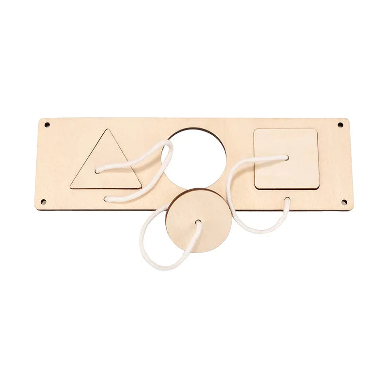 A light wood DIY Montessori busy board featuring a triangle, a circle, and a square with leather-like straps.
