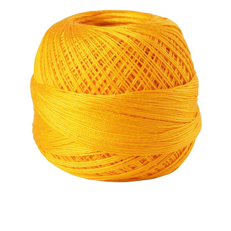A ball of bright orange yellow 100% cotton crochet thread for tatting and embroidery.