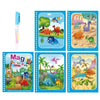 A set of six pages from a Magic Water Coloring Book featuring colorful cartoon animals and nature scenes for toddlers.