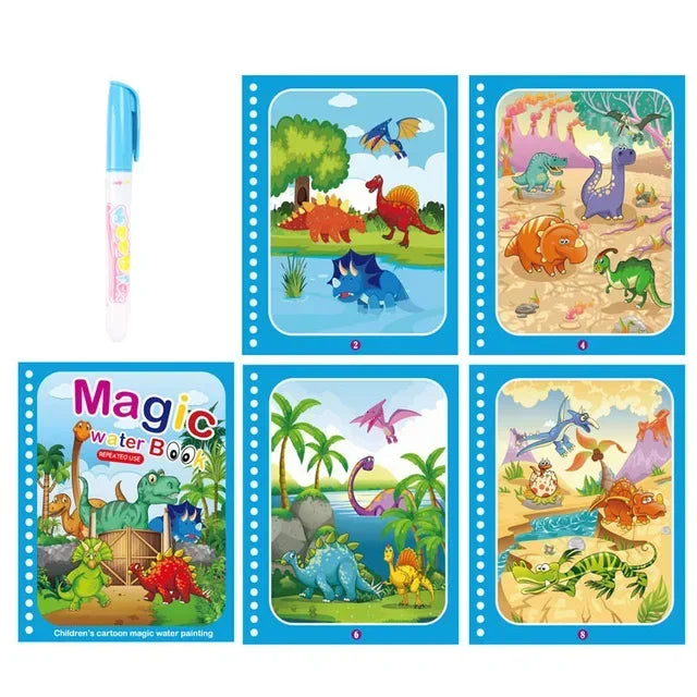 A set of six pages from a Magic Water Coloring Book featuring colorful cartoon animals and nature scenes for toddlers.