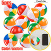 Five colorful inflatable beach balls of various colors and patterns shown against a white background.