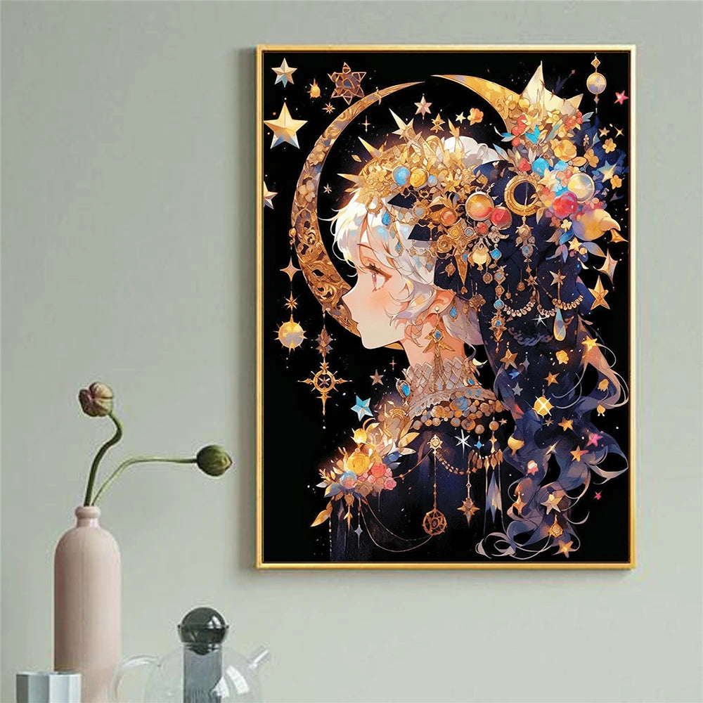 A diamond painting featuring a celestial girl with golden stars and moon elements on a dark background.