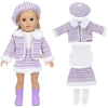 A doll wearing a purple and white striped winter coat and dress outfit with faux fur trim and purple boots.