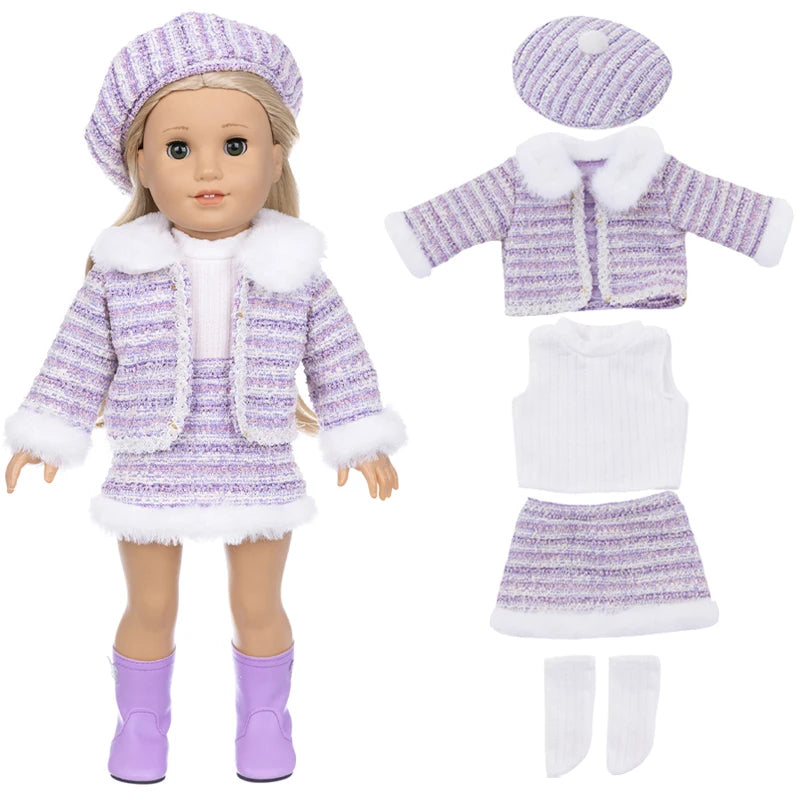 A doll wearing a purple and white striped winter coat and dress outfit with faux fur trim and purple boots.