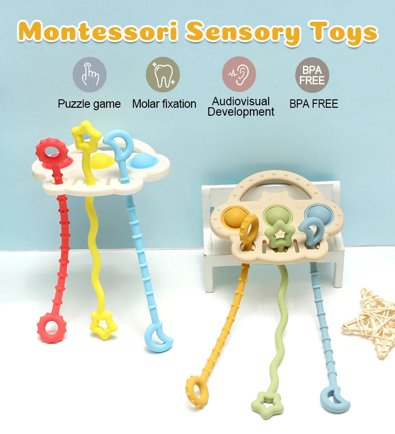 Bear Silicone Teether with Textured Pull String for Babies