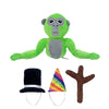 A soft green plush toy of a monke gorilla with large eyes and gray chest patch.