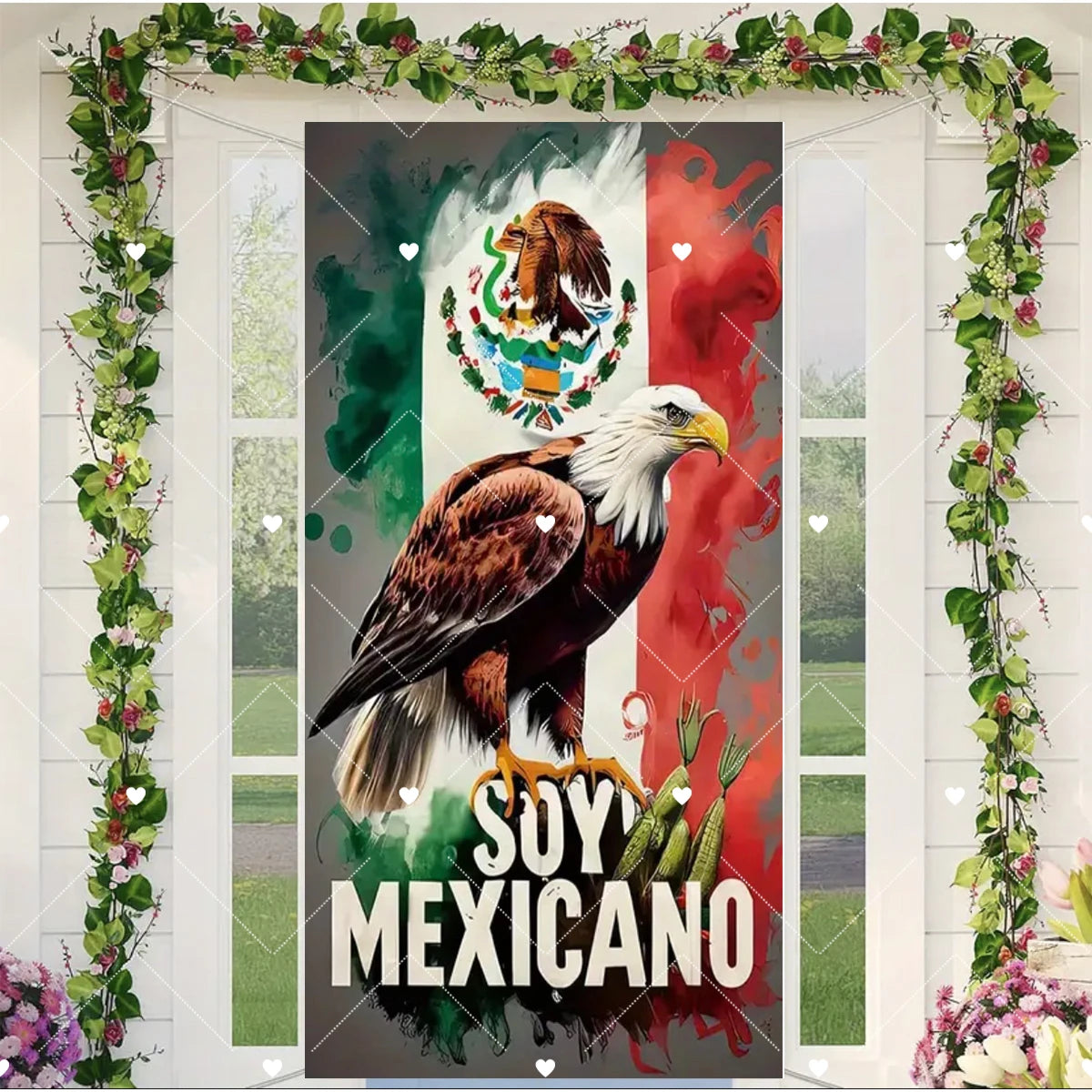 Door cover featuring an eagle and Mexican flag design with greenery framing the image