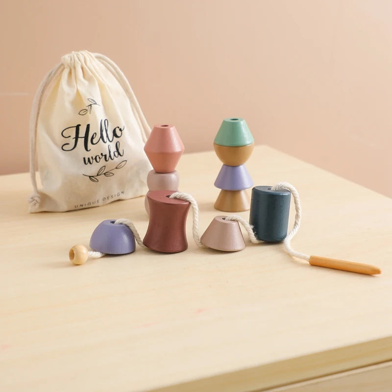 A set of wooden animal threading and stacking toys in various pastel colors, including pink, green, and purple.