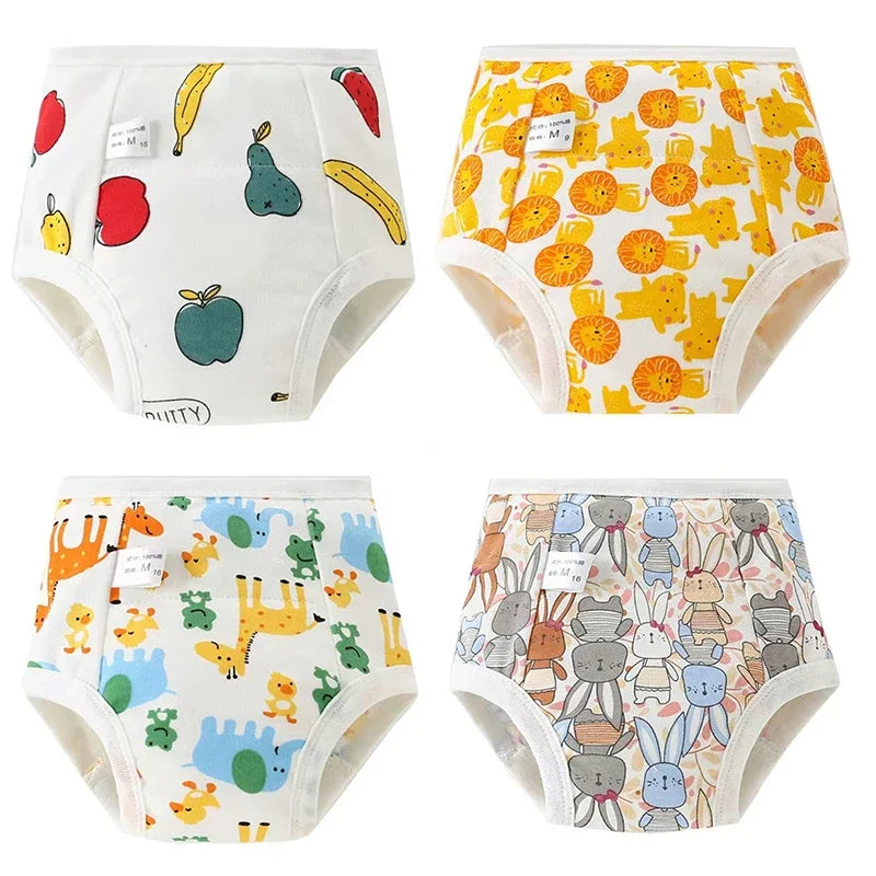A set of four reusable cotton potty training pants for toddlers featuring various colorful patterns and designs.