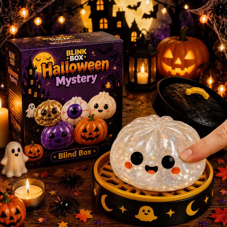 A glowing Halloween mystery box featuring pumpkins and spooky elements, with a hand holding a translucent squishy toy.