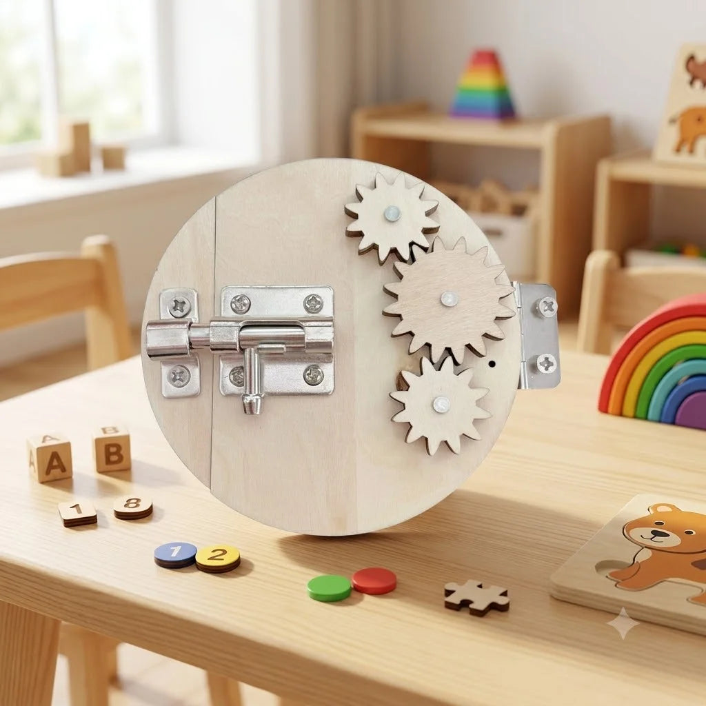 A wooden Montessori busy board for toddlers featuring gears, switches, and sensory elements on a light wood background.