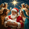 A painting depicting Santa Claus holding a baby, surrounded by angels and Jesus.