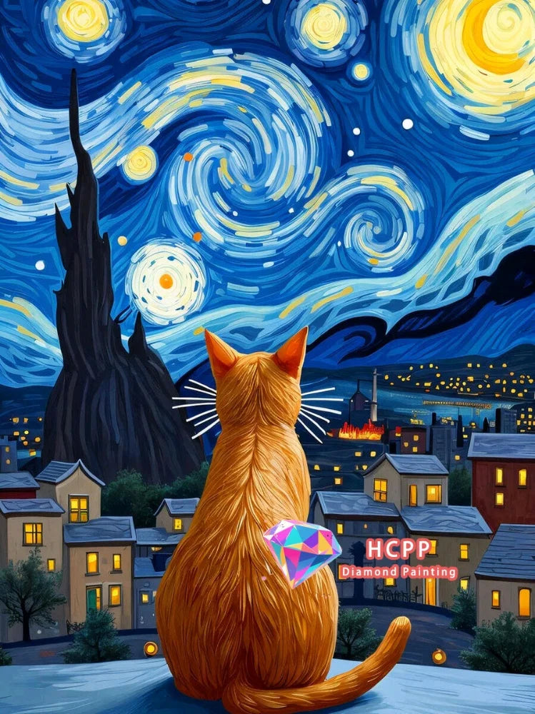Starry Sky Cat 5D Diamond Painting Kit