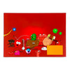 A red box featuring colorful, cartoonish characters against a bright red background.