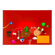 A red box featuring colorful, cartoonish characters against a bright red background.