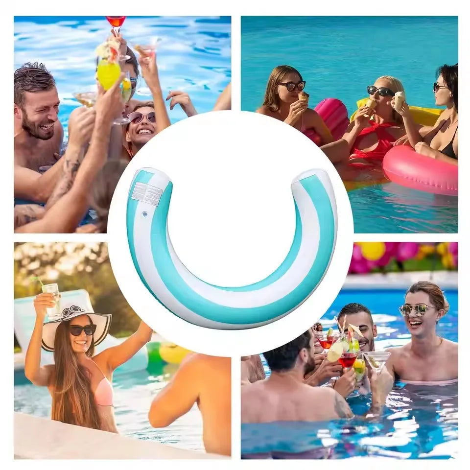 A striped U-shape inflatable pool float is shown being used by adults in a swimming pool.