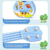 A mini ukulele toy for kids featuring a cute cartoon pattern and flexible strings.