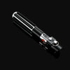 A black lightsaber with a silver hilt and blade, shown in a diagonal view against a dark background.