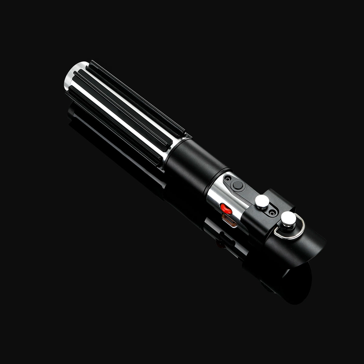A black lightsaber with a silver hilt and blade, shown in a diagonal view against a dark background.