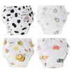A pack of reusable cotton potty training pants for toddlers in various patterns and colors.