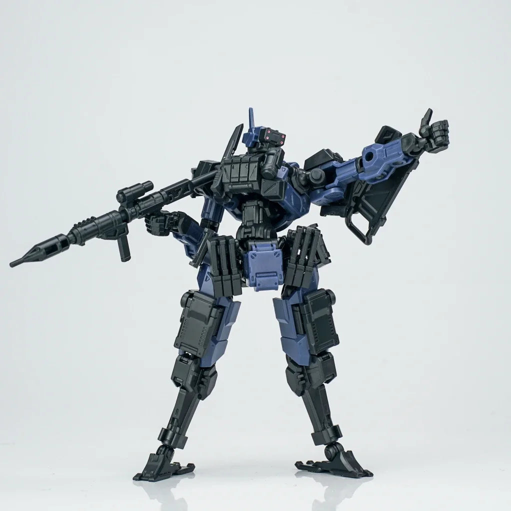 A 1/18 scale FENRIR A6 Assault Type Mecha model kit in dark blue and black, shown from the front.