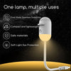 A white lamp with a flexible cord is shown against a dark background, highlighting features like dual-mode switching and eye 