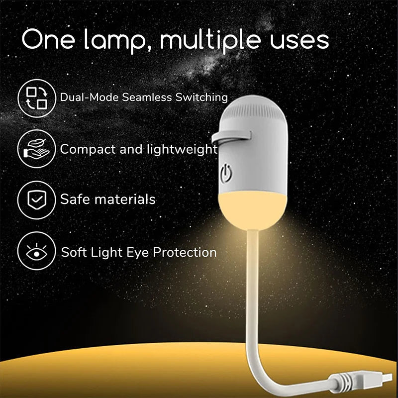 A white lamp with a flexible cord is shown against a dark background, highlighting features like dual-mode switching and eye 