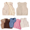 A collection of cozy lamb wool baby vests in various neutral and pastel colors including beige, brown, blue, pink, and cream.