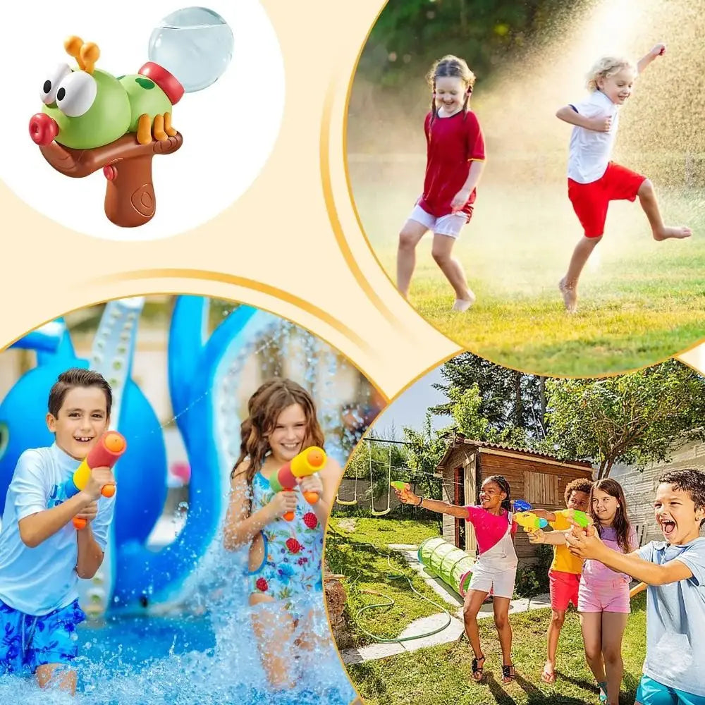 A green ant-shaped water blaster toy is shown alongside children playing with it in a backyard setting.