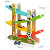 A wooden inertia race track toy set for kids featuring colorful ramps and vehicles.