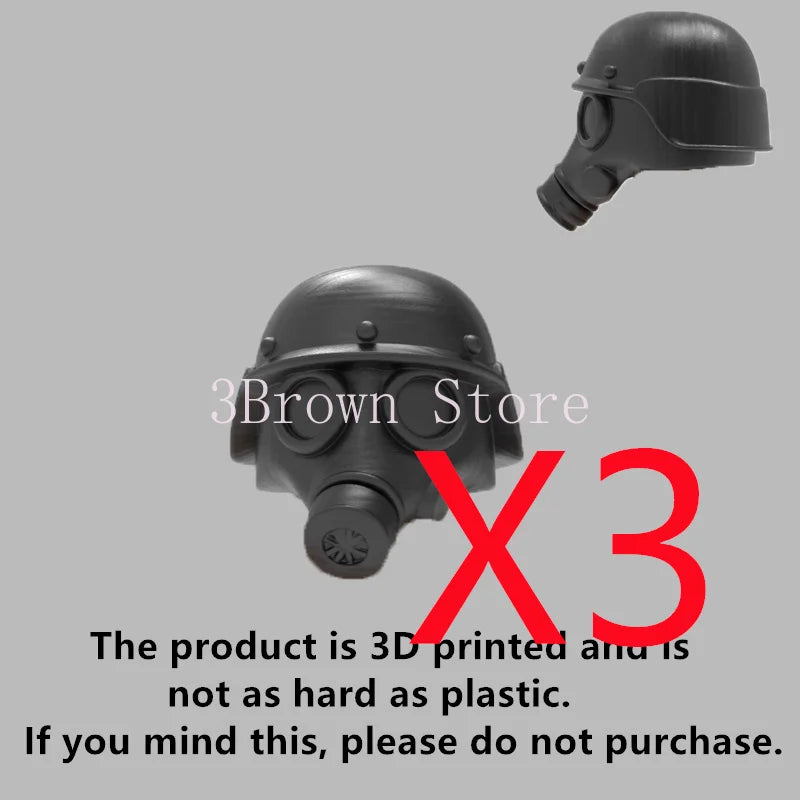 A 3D printed military building block set featuring a gun and helmet accessories.